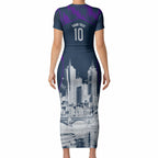 Personalised Sharks Rugby Short Sleeve Bodycon Dress Storm Monster Mascot City Skyline 3D Graphic