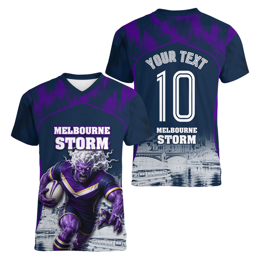 Personalised Sharks Rugby Women V-Neck T-Shirt Storm Monster Mascot City Skyline 3D Graphic