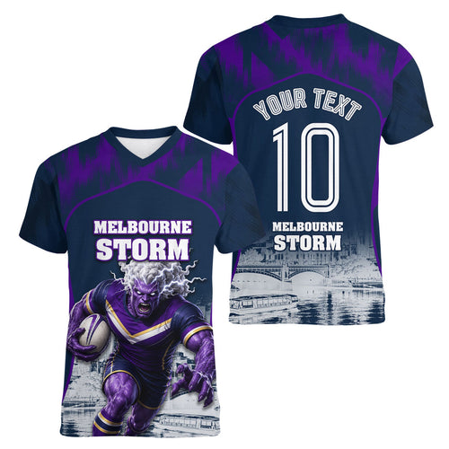 Personalised Sharks Rugby Women V-Neck T-Shirt Storm Monster Mascot City Skyline 3D Graphic