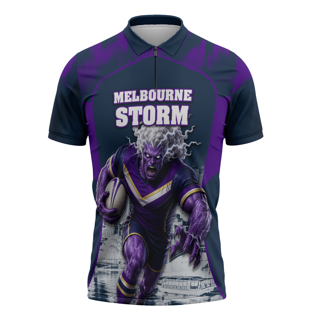 Personalised Sharks Rugby Zipper Polo Shirt Storm Monster Mascot City Skyline 3D Graphic