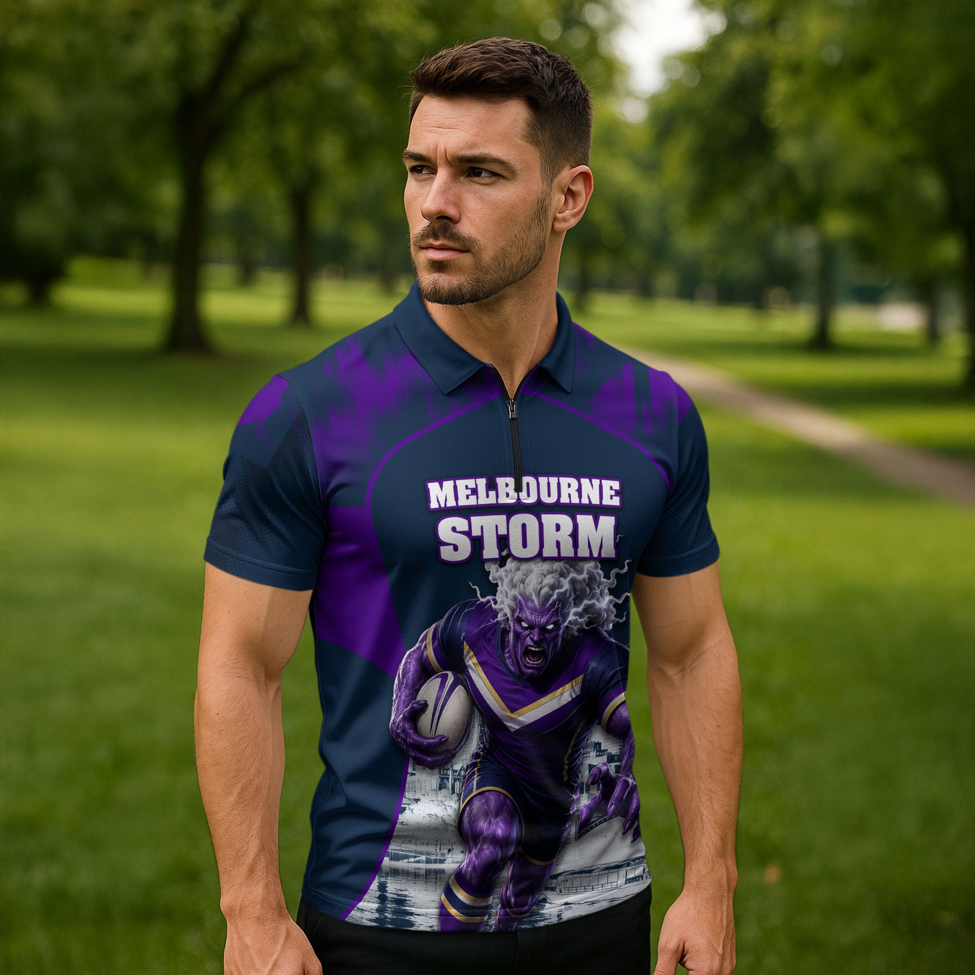 Personalised Sharks Rugby Zipper Polo Shirt Storm Monster Mascot City Skyline 3D Graphic