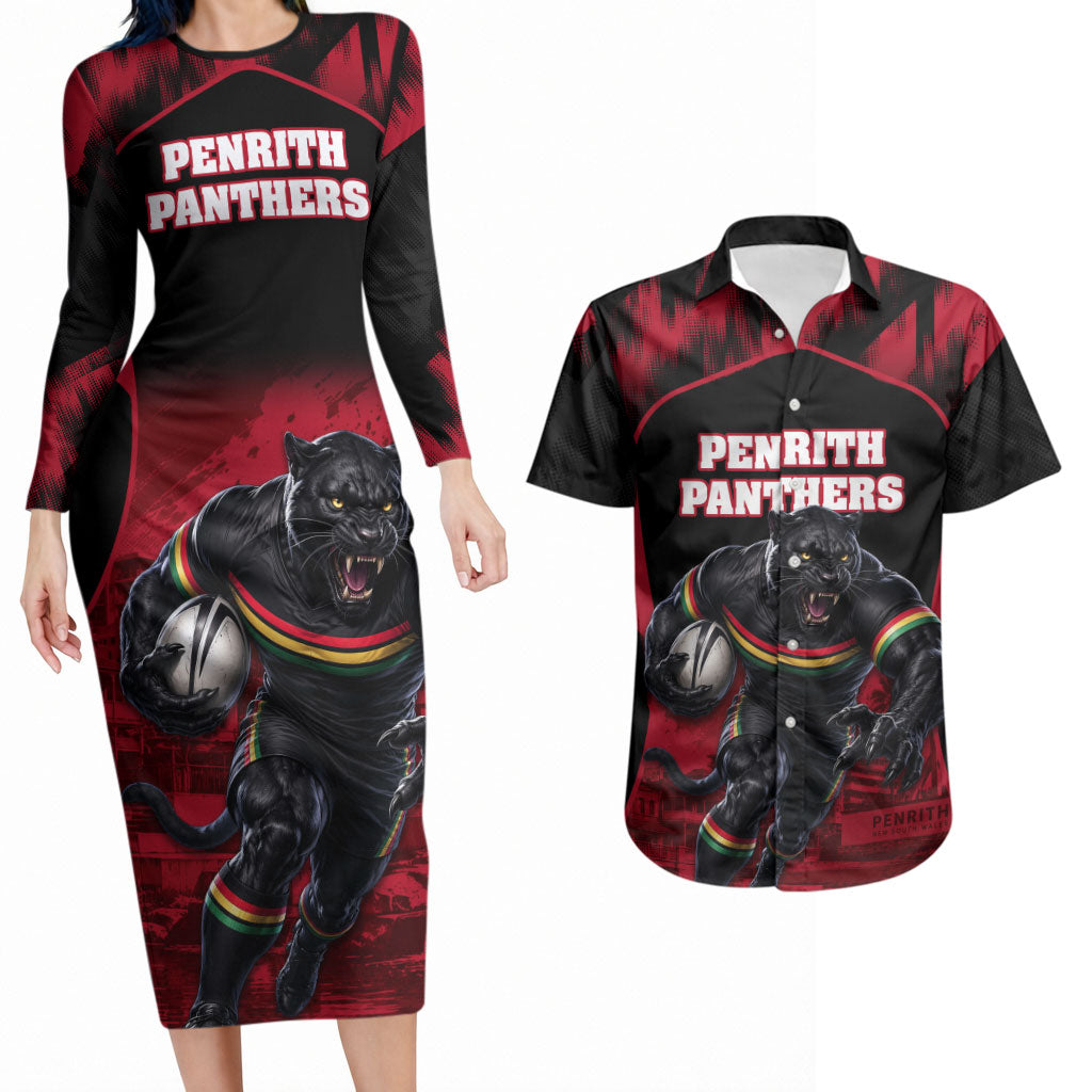 Personalised Penrith Panthers Mascot Rugby Couples Matching Long Sleeve Bodycon Dress and Hawaiian Shirt Penrith New South Wales Athletic Graphic Print