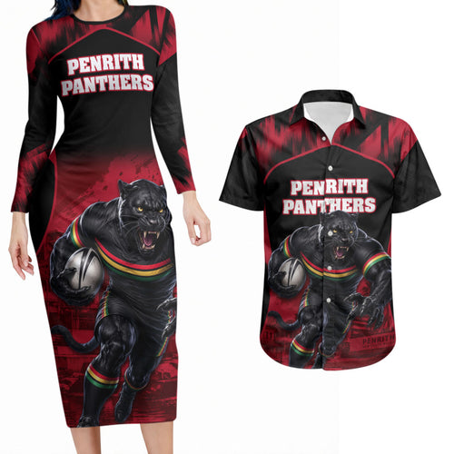 Personalised Penrith Panthers Mascot Rugby Couples Matching Long Sleeve Bodycon Dress and Hawaiian Shirt Penrith New South Wales Athletic Graphic Print