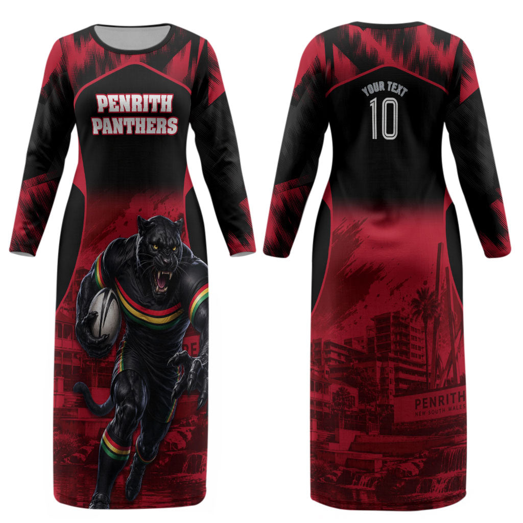 Personalised Penrith Panthers Mascot Rugby Couples Matching Long Sleeve Bodycon Dress and Hawaiian Shirt Penrith New South Wales Athletic Graphic Print