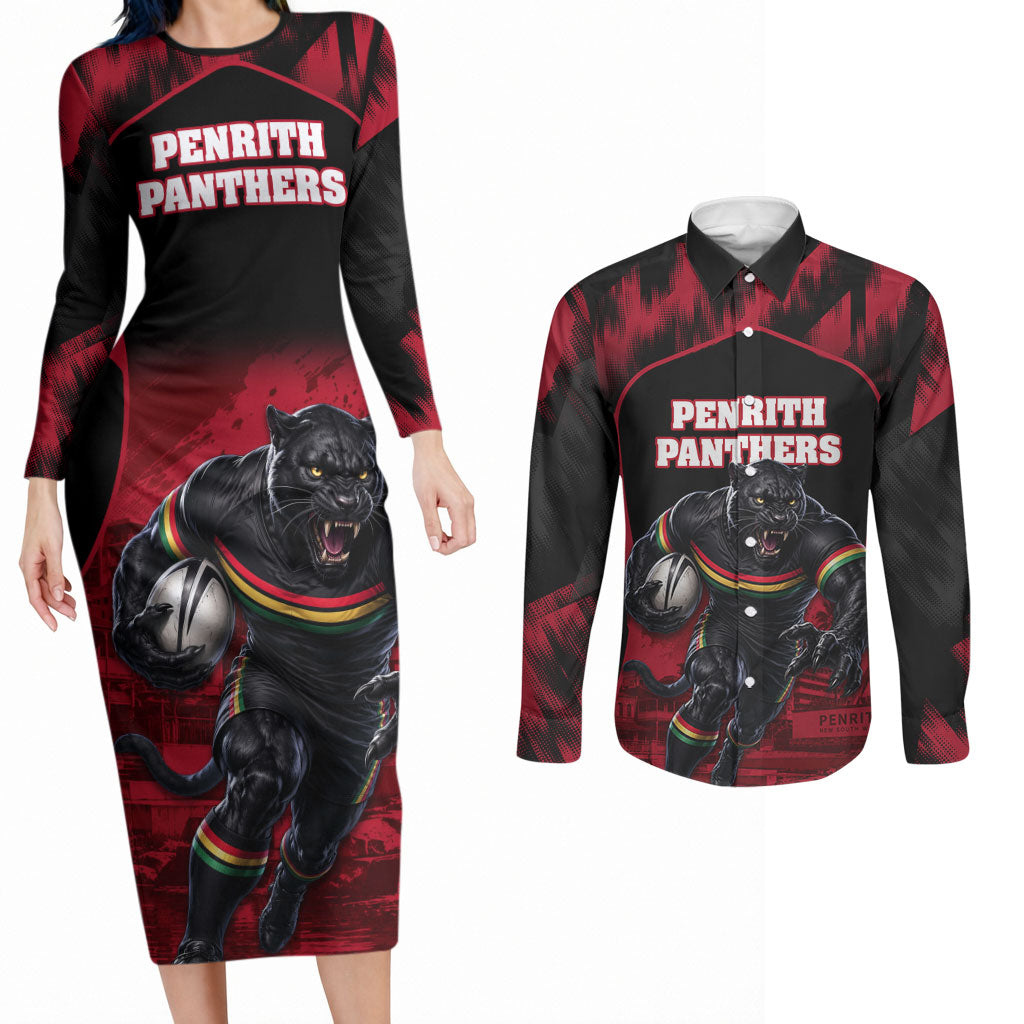 Personalised Penrith Panthers Mascot Rugby Couples Matching Long Sleeve Bodycon Dress and Long Sleeve Button Shirt Penrith New South Wales Athletic Graphic Print