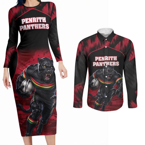 Personalised Penrith Panthers Mascot Rugby Couples Matching Long Sleeve Bodycon Dress and Long Sleeve Button Shirt Penrith New South Wales Athletic Graphic Print