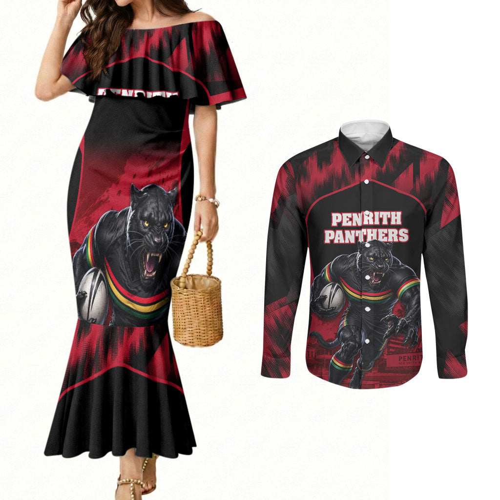 Personalised Penrith Panthers Mascot Rugby Couples Matching Mermaid Dress and Long Sleeve Button Shirt Penrith New South Wales Athletic Graphic Print