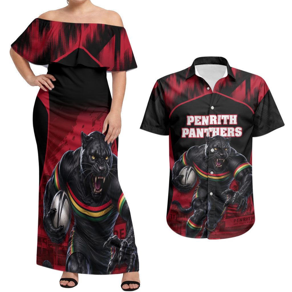 Personalised Penrith Panthers Mascot Rugby Couples Matching Off Shoulder Maxi Dress and Hawaiian Shirt Penrith New South Wales Athletic Graphic Print