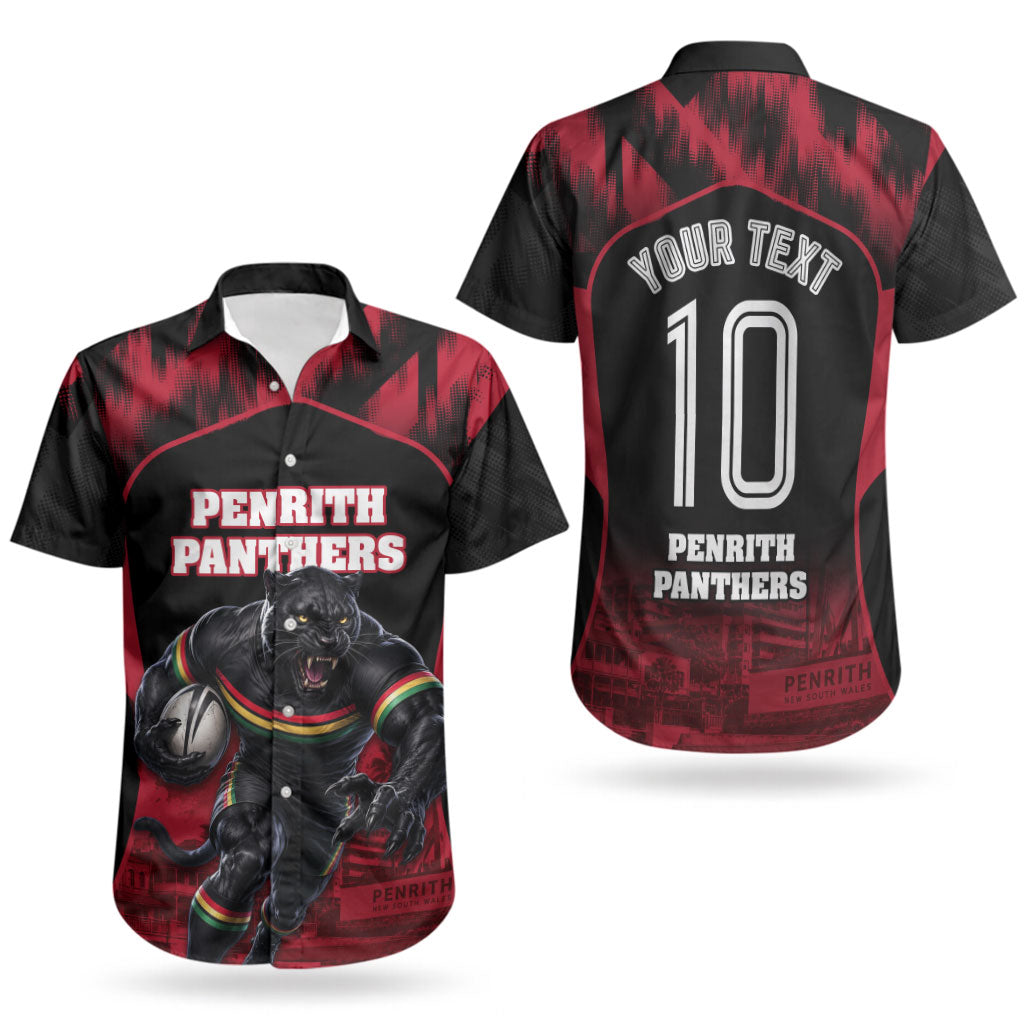 Personalised Penrith Panthers Mascot Rugby Couples Matching Off Shoulder Maxi Dress and Hawaiian Shirt Penrith New South Wales Athletic Graphic Print
