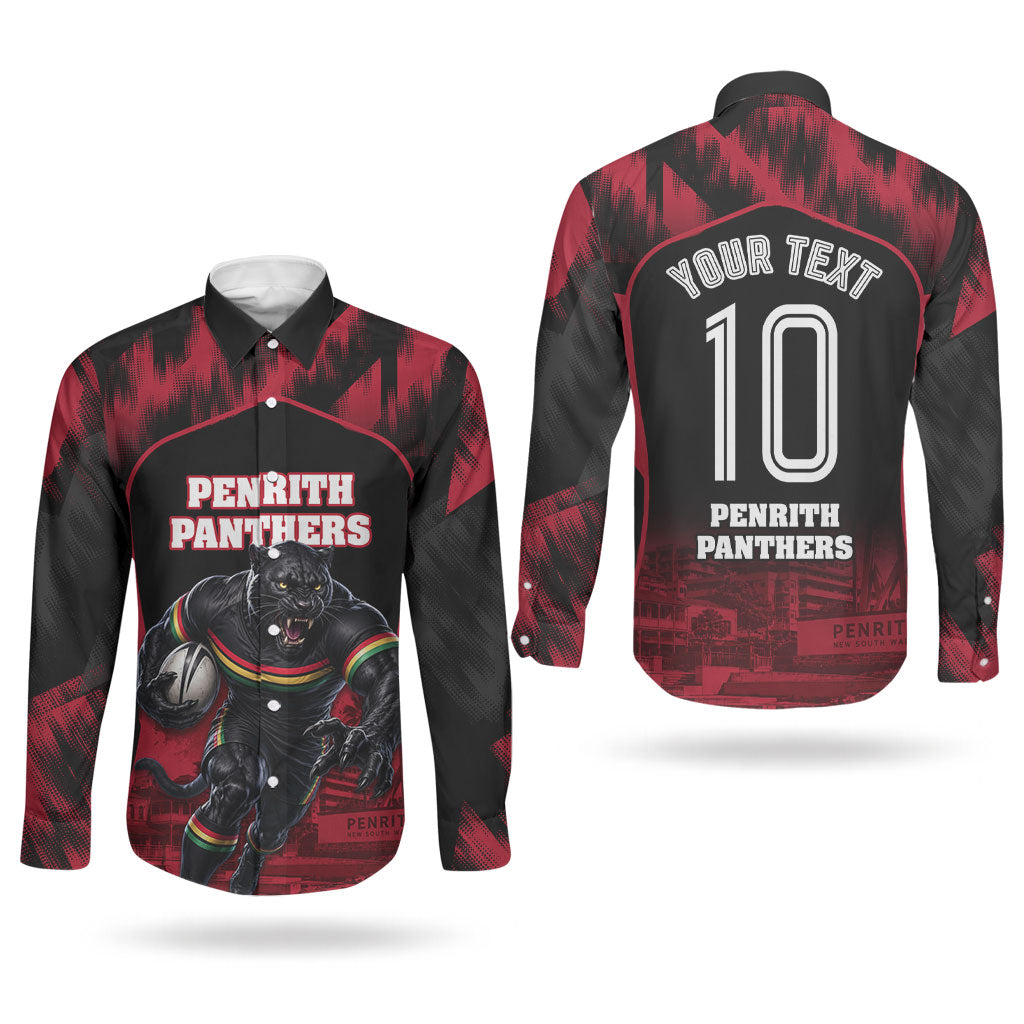 Personalised Penrith Panthers Mascot Rugby Couples Matching Off Shoulder Maxi Dress and Long Sleeve Button Shirt Penrith New South Wales Athletic Graphic Print