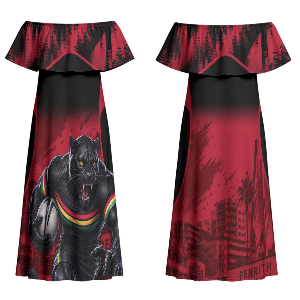 Personalised Penrith Panthers Mascot Rugby Couples Matching Off Shoulder Maxi Dress and Long Sleeve Button Shirt Penrith New South Wales Athletic Graphic Print