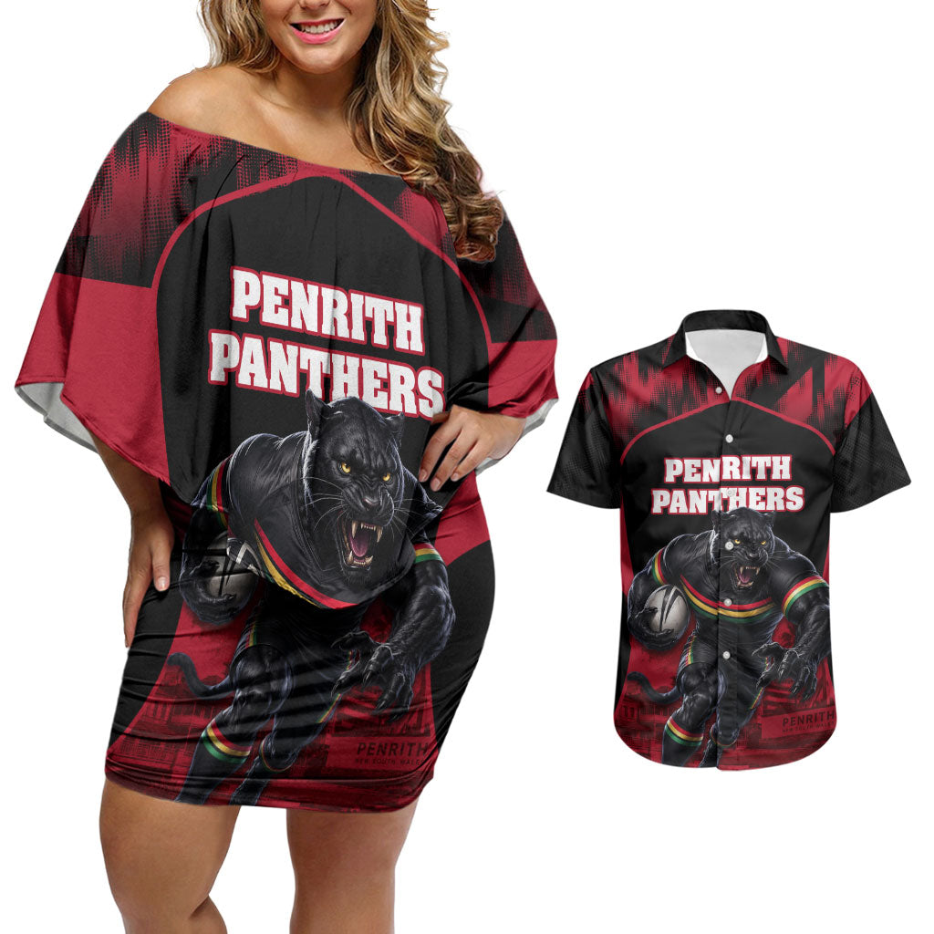 Personalised Penrith Panthers Mascot Rugby Couples Matching Off Shoulder Short Dress and Hawaiian Shirt Penrith New South Wales Athletic Graphic Print