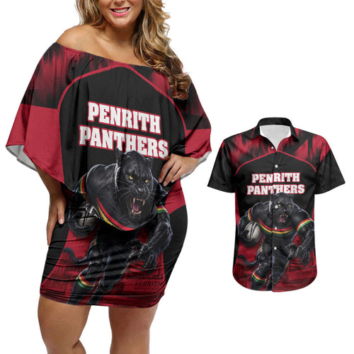 Personalised Penrith Panthers Mascot Rugby Couples Matching Off Shoulder Short Dress and Hawaiian Shirt Penrith New South Wales Athletic Graphic Print