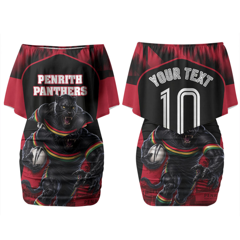 Personalised Penrith Panthers Mascot Rugby Couples Matching Off Shoulder Short Dress and Hawaiian Shirt Penrith New South Wales Athletic Graphic Print