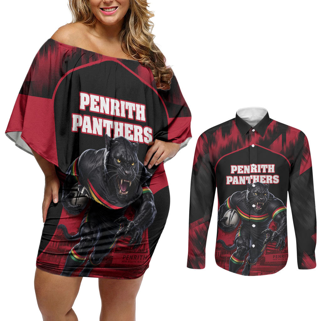 Personalised Penrith Panthers Mascot Rugby Couples Matching Off Shoulder Short Dress and Long Sleeve Button Shirt Penrith New South Wales Athletic Graphic Print