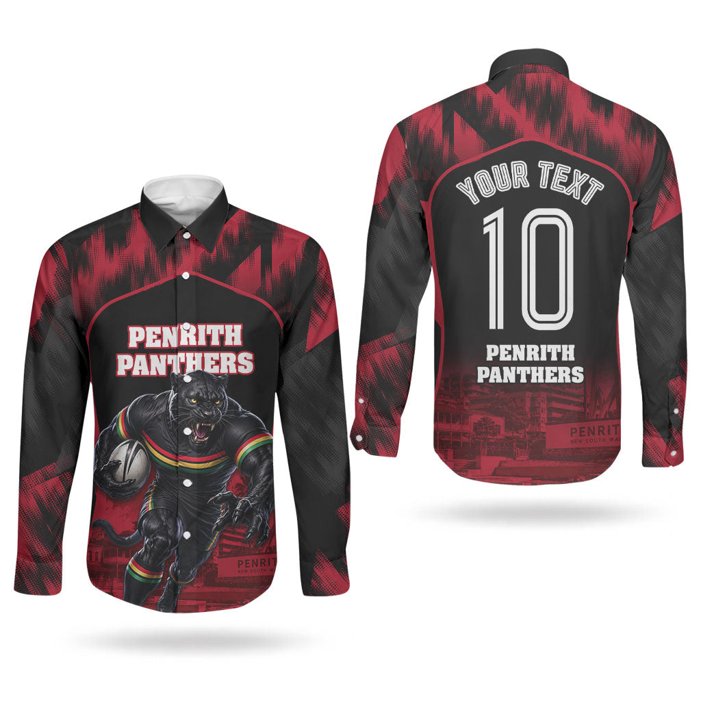 Personalised Penrith Panthers Mascot Rugby Couples Matching Off Shoulder Short Dress and Long Sleeve Button Shirt Penrith New South Wales Athletic Graphic Print