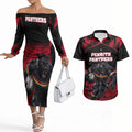Personalised Penrith Panthers Mascot Rugby Couples Matching Off The Shoulder Long Sleeve Dress and Hawaiian Shirt Penrith New South Wales Athletic Graphic Print