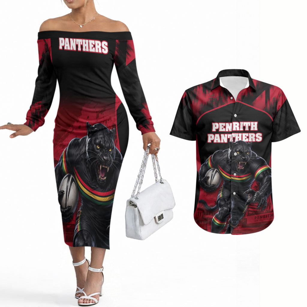 Personalised Penrith Panthers Mascot Rugby Couples Matching Off The Shoulder Long Sleeve Dress and Hawaiian Shirt Penrith New South Wales Athletic Graphic Print