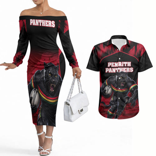 Personalised Penrith Panthers Mascot Rugby Couples Matching Off The Shoulder Long Sleeve Dress and Hawaiian Shirt Penrith New South Wales Athletic Graphic Print