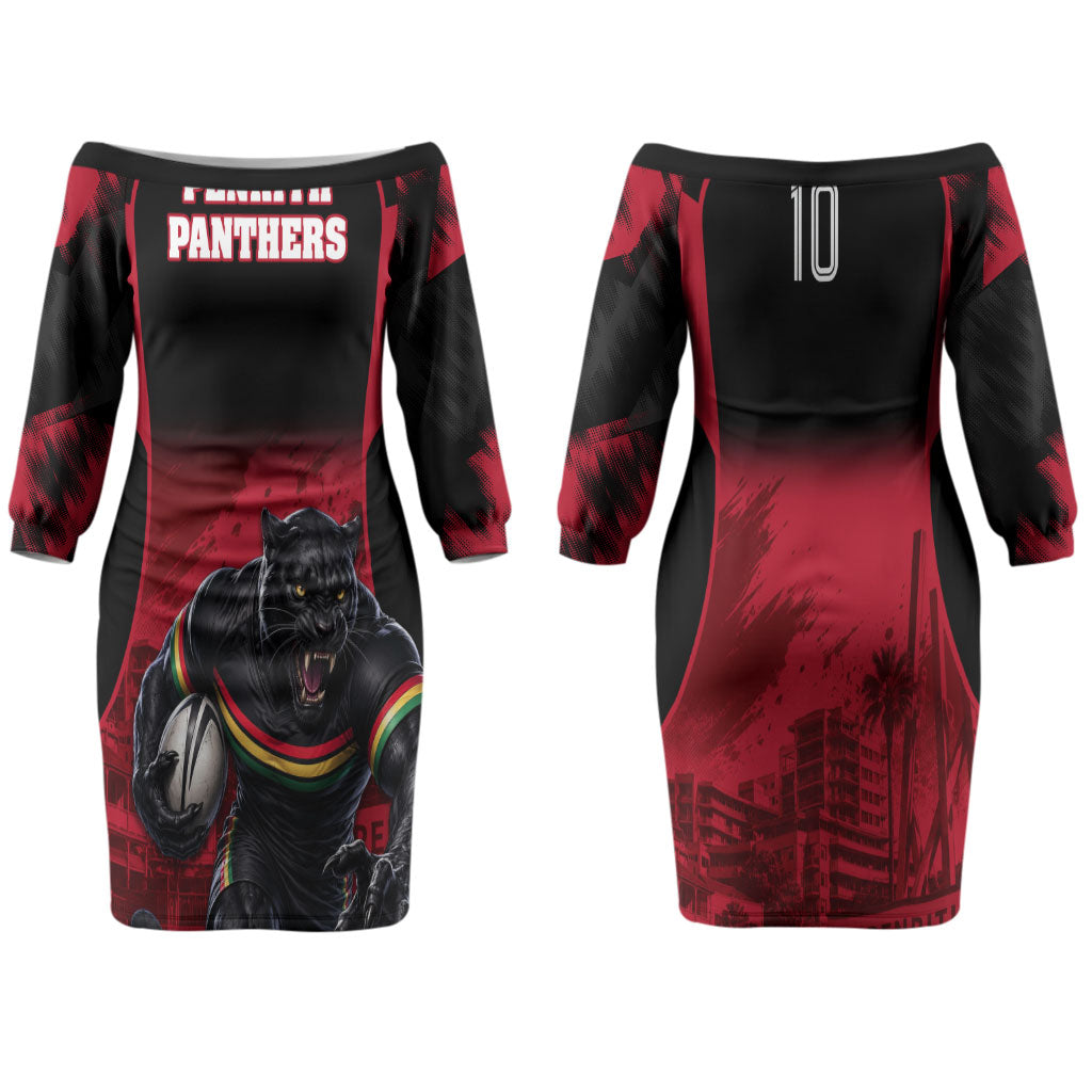 Personalised Penrith Panthers Mascot Rugby Couples Matching Off The Shoulder Long Sleeve Dress and Hawaiian Shirt Penrith New South Wales Athletic Graphic Print