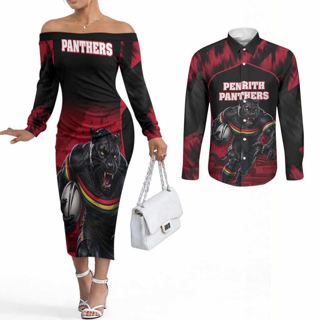 Personalised Penrith Panthers Mascot Rugby Couples Matching Off The Shoulder Long Sleeve Dress and Long Sleeve Button Shirt Penrith New South Wales Athletic Graphic Print
