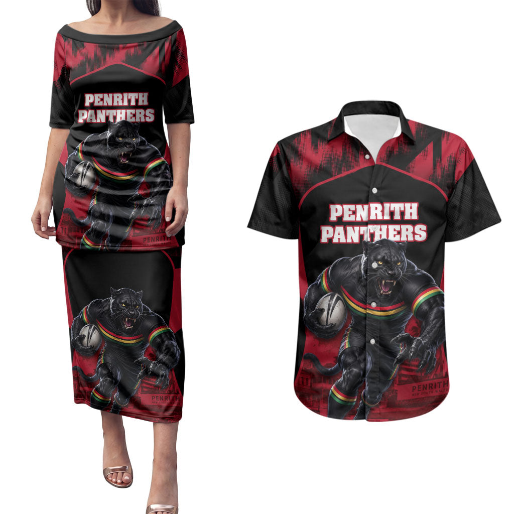 Personalised Penrith Panthers Mascot Rugby Couples Matching Puletasi and Hawaiian Shirt Penrith New South Wales Athletic Graphic Print
