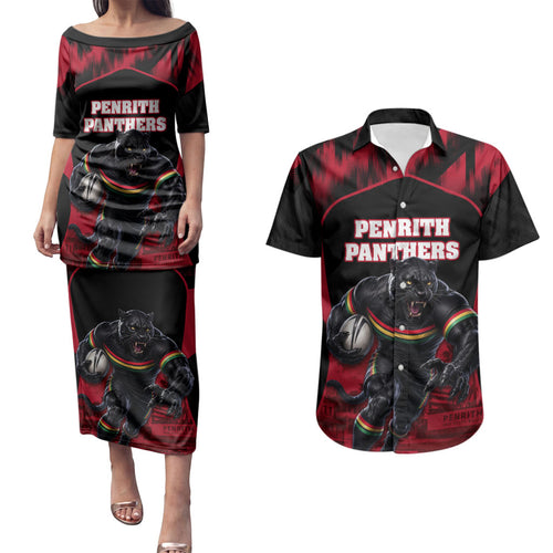 Personalised Penrith Panthers Mascot Rugby Couples Matching Puletasi and Hawaiian Shirt Penrith New South Wales Athletic Graphic Print