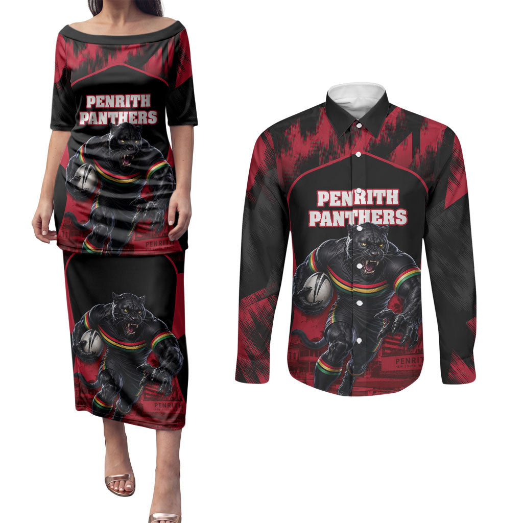 Personalised Penrith Panthers Mascot Rugby Couples Matching Puletasi and Long Sleeve Button Shirt Penrith New South Wales Athletic Graphic Print
