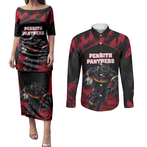 Personalised Penrith Panthers Mascot Rugby Couples Matching Puletasi and Long Sleeve Button Shirt Penrith New South Wales Athletic Graphic Print