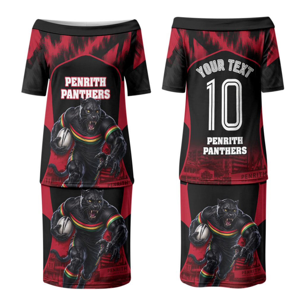 Personalised Penrith Panthers Mascot Rugby Couples Matching Puletasi and Long Sleeve Button Shirt Penrith New South Wales Athletic Graphic Print