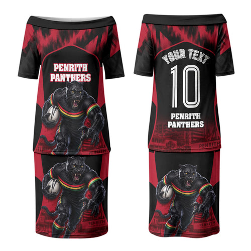 Personalised Penrith Panthers Mascot Rugby Couples Matching Puletasi and Long Sleeve Button Shirt Penrith New South Wales Athletic Graphic Print