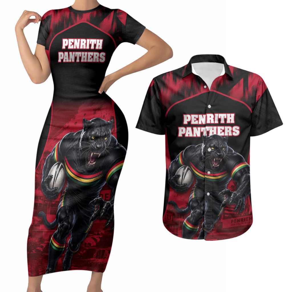 Personalised Penrith Panthers Mascot Rugby Couples Matching Short Sleeve Bodycon Dress and Hawaiian Shirt Penrith New South Wales Athletic Graphic Print