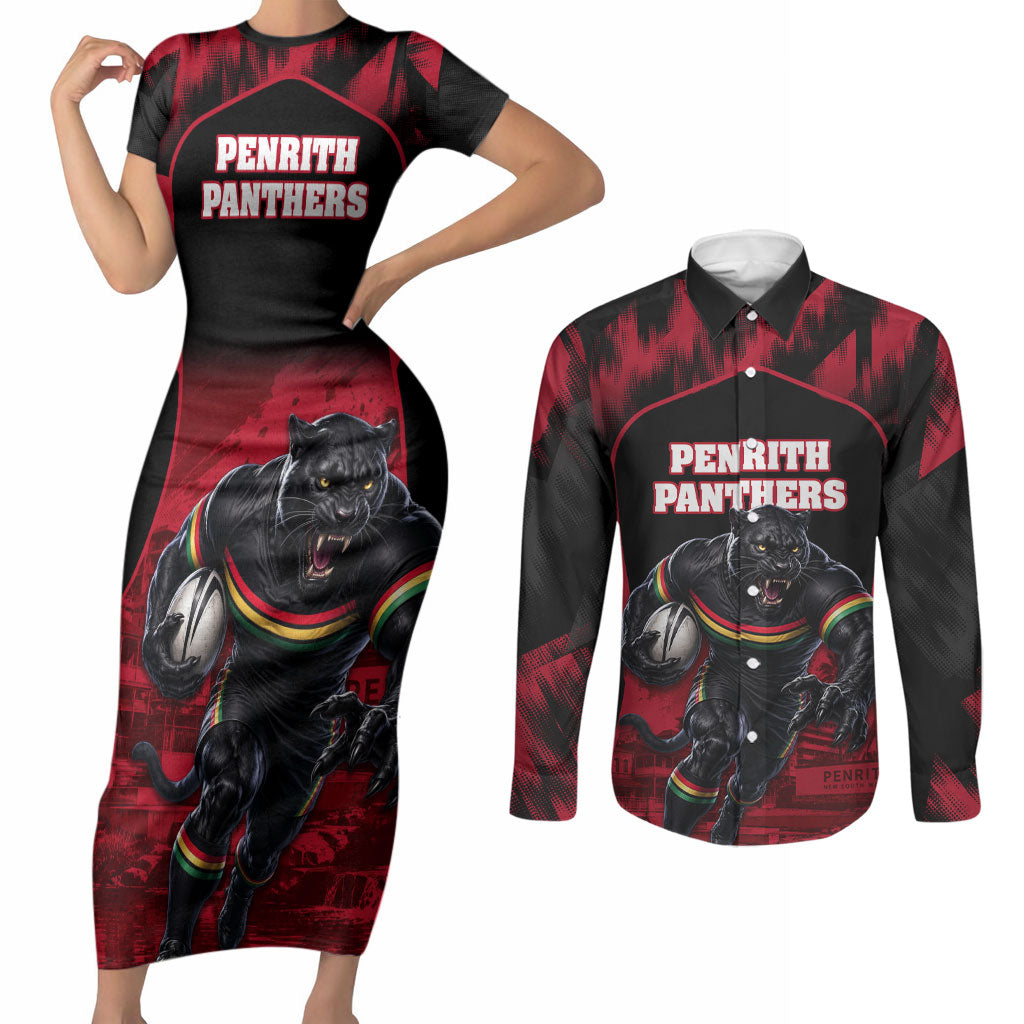 Personalised Penrith Panthers Mascot Rugby Couples Matching Short Sleeve Bodycon Dress and Long Sleeve Button Shirt Penrith New South Wales Athletic Graphic Print