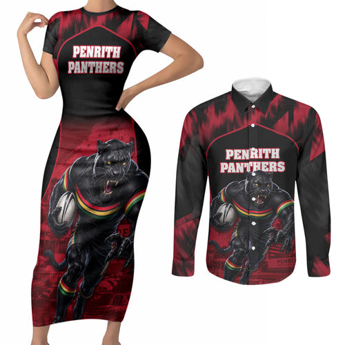 Personalised Penrith Panthers Mascot Rugby Couples Matching Short Sleeve Bodycon Dress and Long Sleeve Button Shirt Penrith New South Wales Athletic Graphic Print