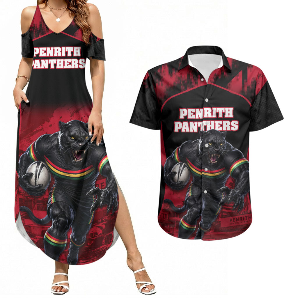 Personalised Penrith Panthers Mascot Rugby Couples Matching Summer Maxi Dress and Hawaiian Shirt Penrith New South Wales Athletic Graphic Print