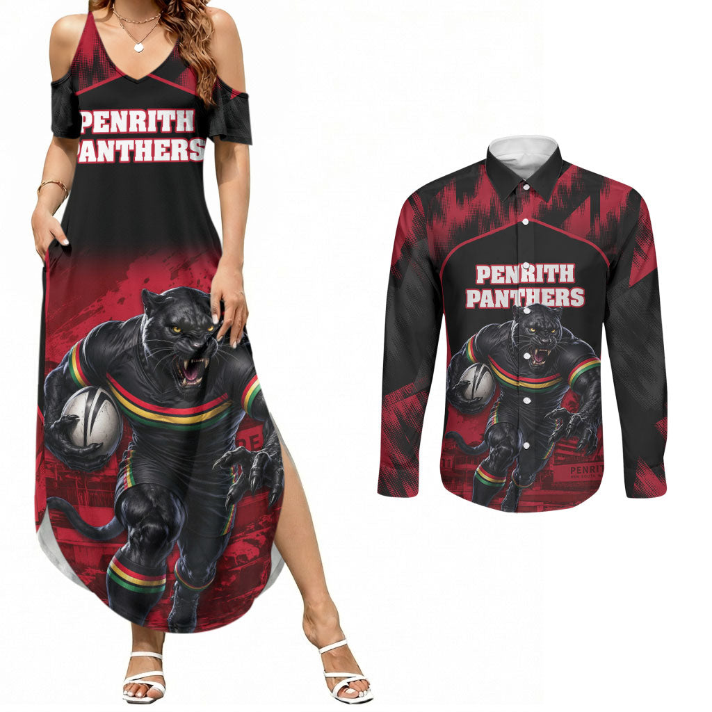 Personalised Penrith Panthers Mascot Rugby Couples Matching Summer Maxi Dress and Long Sleeve Button Shirt Penrith New South Wales Athletic Graphic Print