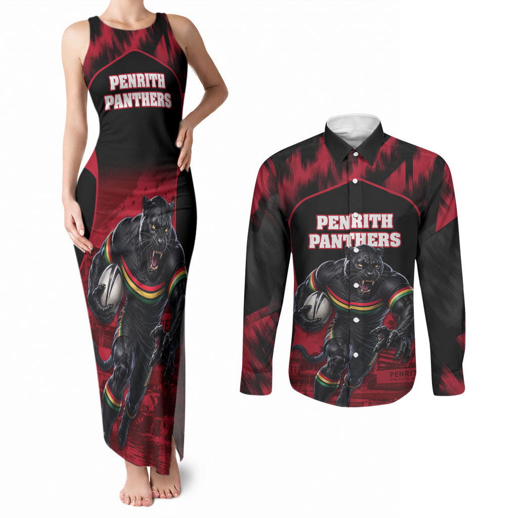 Personalised Penrith Panthers Mascot Rugby Couples Matching Tank Maxi Dress and Long Sleeve Button Shirt Penrith New South Wales Athletic Graphic Print
