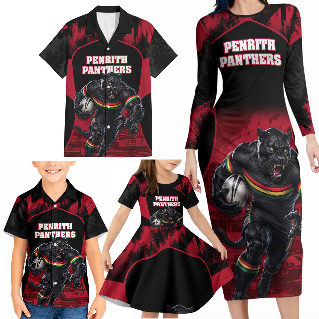 Personalised Penrith Panthers Mascot Rugby Family Matching Long Sleeve Bodycon Dress and Hawaiian Shirt Penrith New South Wales Athletic Graphic Print