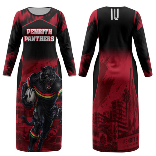 Personalised Penrith Panthers Mascot Rugby Family Matching Long Sleeve Bodycon Dress and Hawaiian Shirt Penrith New South Wales Athletic Graphic Print