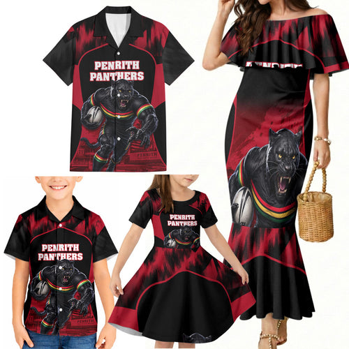 Personalised Penrith Panthers Mascot Rugby Family Matching Mermaid Dress and Hawaiian Shirt Penrith New South Wales Athletic Graphic Print