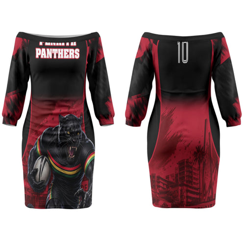 Personalised Penrith Panthers Mascot Rugby Family Matching Off The Shoulder Long Sleeve Dress and Hawaiian Shirt Penrith New South Wales Athletic Graphic Print