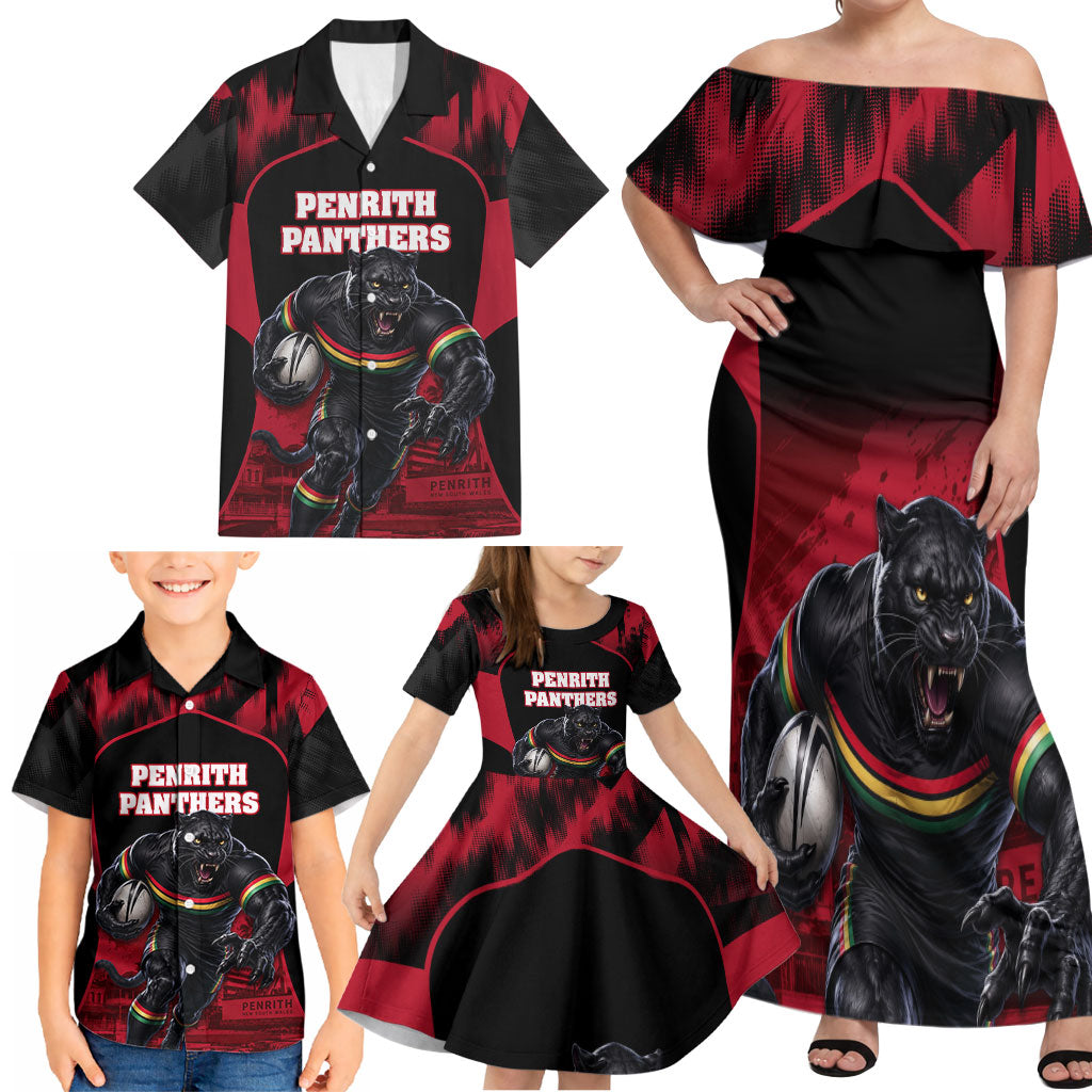 Personalised Penrith Panthers Mascot Rugby Family Matching Off Shoulder Maxi Dress and Hawaiian Shirt Penrith New South Wales Athletic Graphic Print