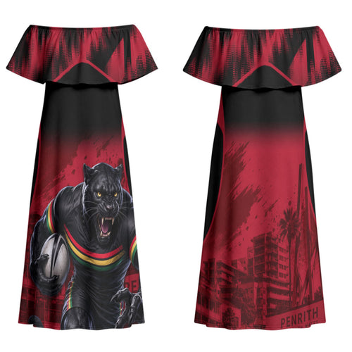 Personalised Penrith Panthers Mascot Rugby Family Matching Off Shoulder Maxi Dress and Hawaiian Shirt Penrith New South Wales Athletic Graphic Print