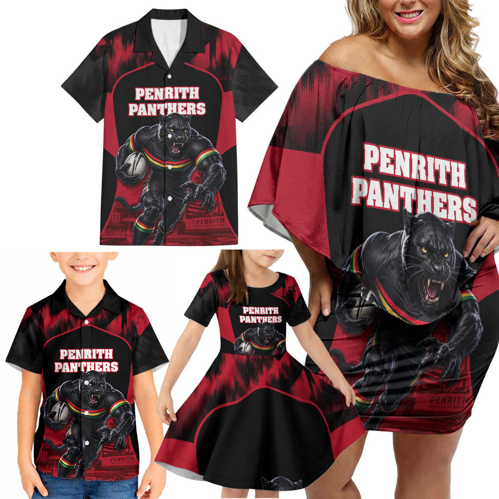 Personalised Penrith Panthers Mascot Rugby Family Matching Off Shoulder Short Dress and Hawaiian Shirt Penrith New South Wales Athletic Graphic Print