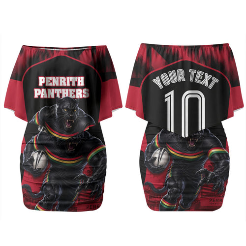Personalised Penrith Panthers Mascot Rugby Family Matching Off Shoulder Short Dress and Hawaiian Shirt Penrith New South Wales Athletic Graphic Print