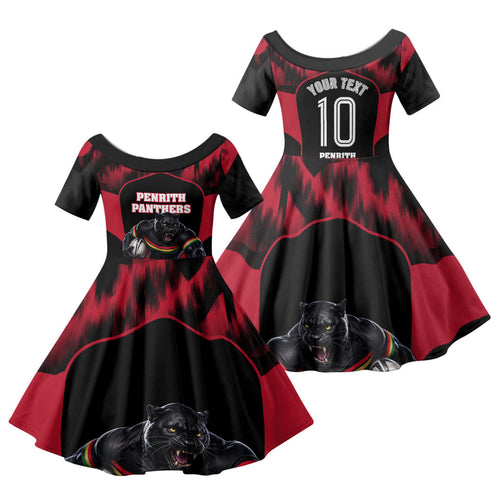 Personalised Penrith Panthers Mascot Rugby Family Matching Off Shoulder Short Dress and Hawaiian Shirt Penrith New South Wales Athletic Graphic Print