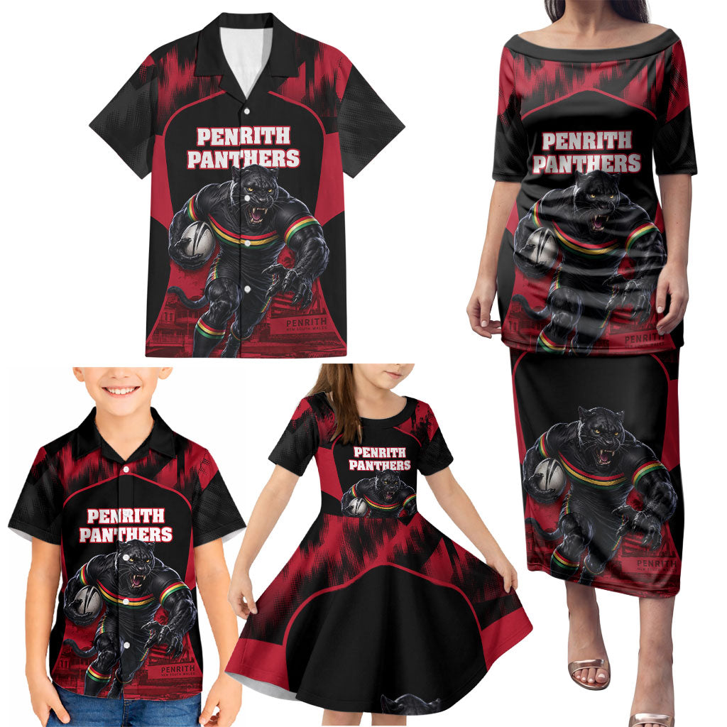 Personalised Penrith Panthers Mascot Rugby Family Matching Puletasi and Hawaiian Shirt Penrith New South Wales Athletic Graphic Print