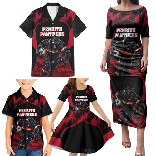 Personalised Penrith Panthers Mascot Rugby Family Matching Puletasi and Hawaiian Shirt Penrith New South Wales Athletic Graphic Print