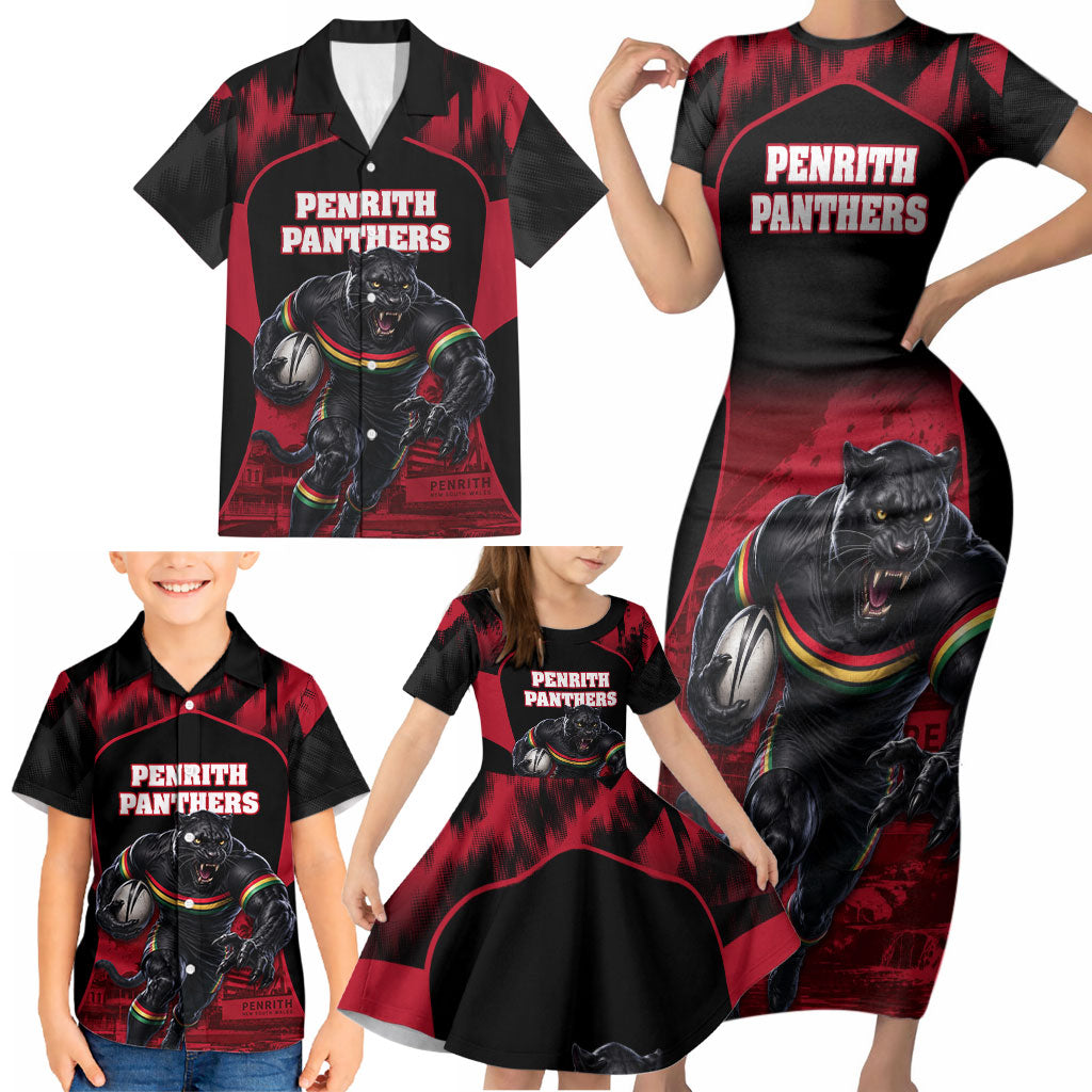 Personalised Penrith Panthers Mascot Rugby Family Matching Short Sleeve Bodycon Dress and Hawaiian Shirt Penrith New South Wales Athletic Graphic Print