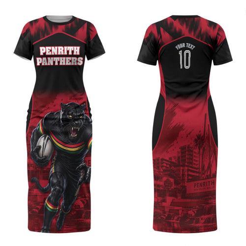 Personalised Penrith Panthers Mascot Rugby Family Matching Short Sleeve Bodycon Dress and Hawaiian Shirt Penrith New South Wales Athletic Graphic Print